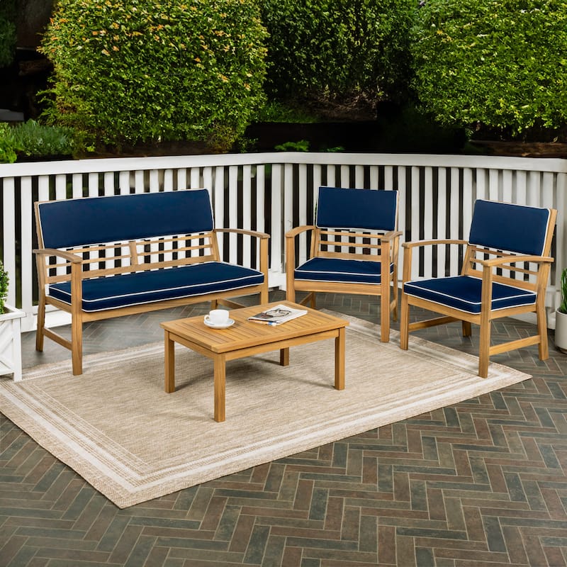 Freja 4-Piece Modern Coastal Acacia Wood Conversation Outdoor Patio Set with Cushions, by JONATHAN Y