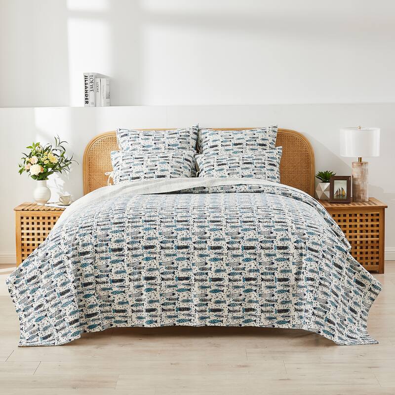 Melange Hand Stitched Kantha Block Print Fish Coverlets and Shams