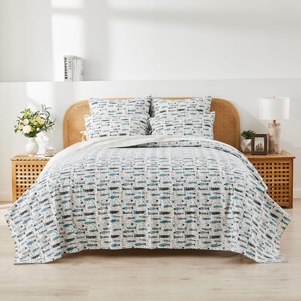 Melange Hand Stitched Kantha Block Print Fish Coverlets and Shams