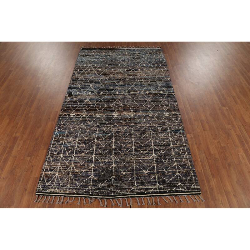 Navy Blue & Brown Moroccan Oriental Area Rug Handmade Wool Carpet - 5'7"x 9'11"