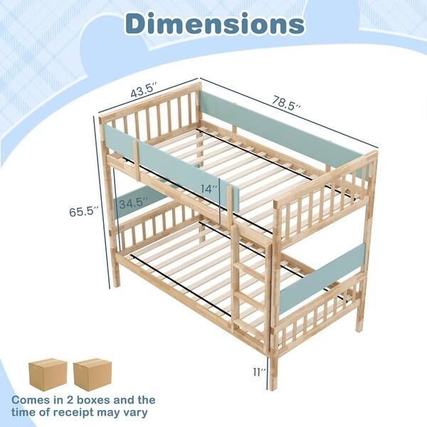 dimension image slide 1 of 2, Solid Wood Twin Over Twin Convertible Bunk Bed with Guardrails and Under-Bed Storage