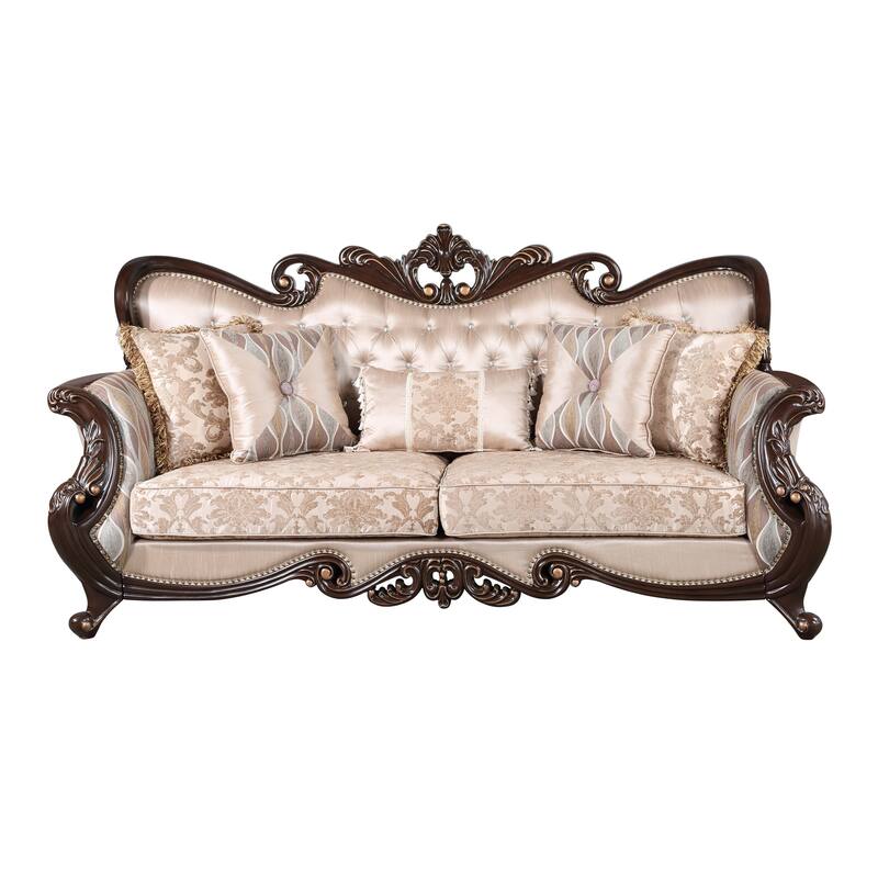 Cona 95 Inch Sofa, Classic Gold Carved Details, Brown, Button Tufted Beige