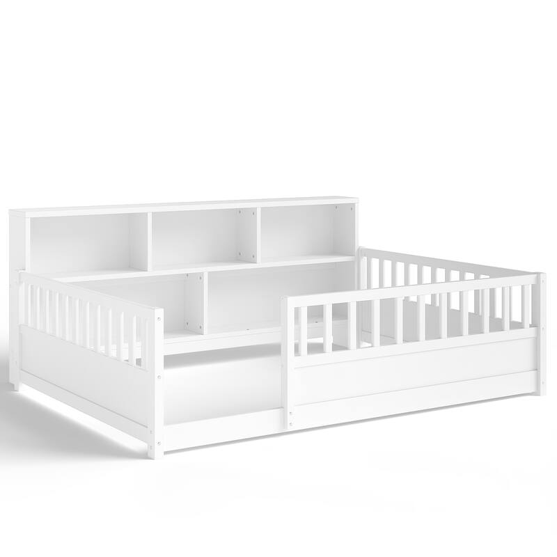 Wooden Floor Bed Frame with Fence Guardrail & Side Storage, Low Profile Kids Bed (Full/Twin)