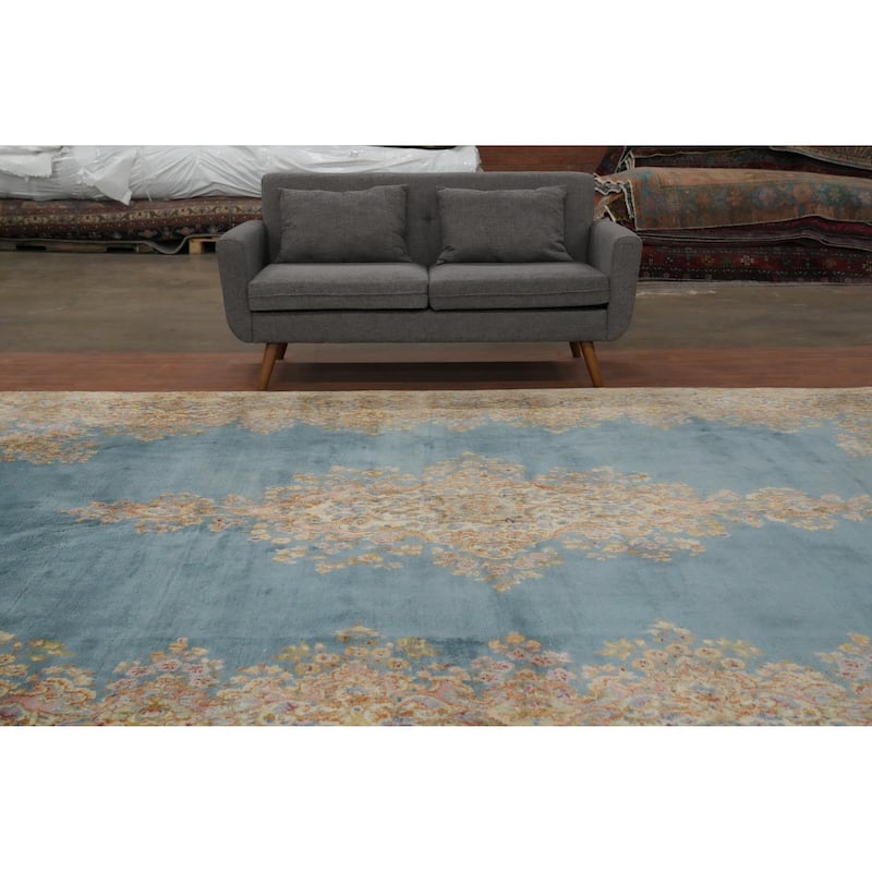 Hand Knotted Oriental 100% Wool Carpet Traditional Floral Navy Blue & Blues Kerman Area Rug - 15' 6'' X 9' 10''
