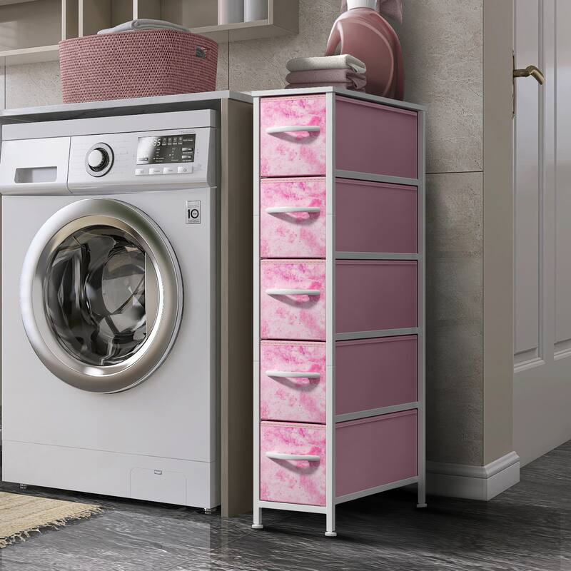 Sorbus Narrow Dresser with 5 Drawers - Vertical Slim Storage Chest of Drawers with Steel Frame, Wood Top & Easy Pull Fabric Bins