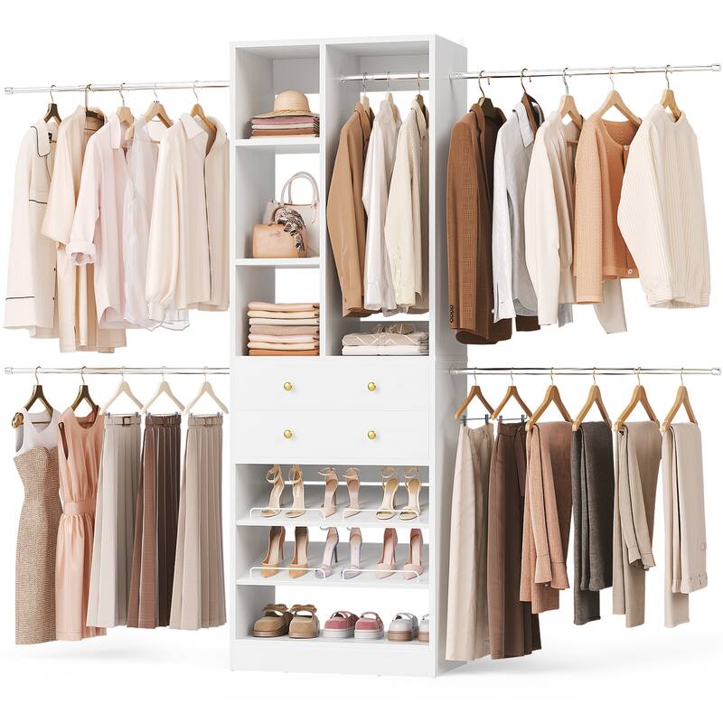 Closet Organizer with 5 Hanging Rods and 2 Drawers, Adjustable Closet System with Shelves and Shoe Rack