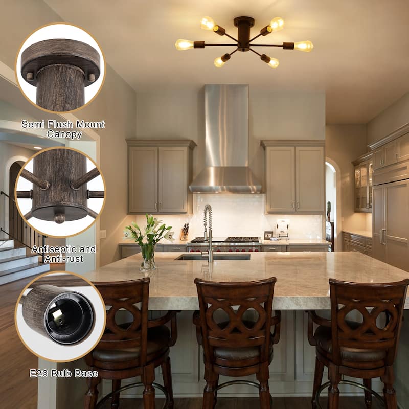 6-Light Modern Industrial Sputnik Semi-Flush Mount Ceiling Light - N/A
