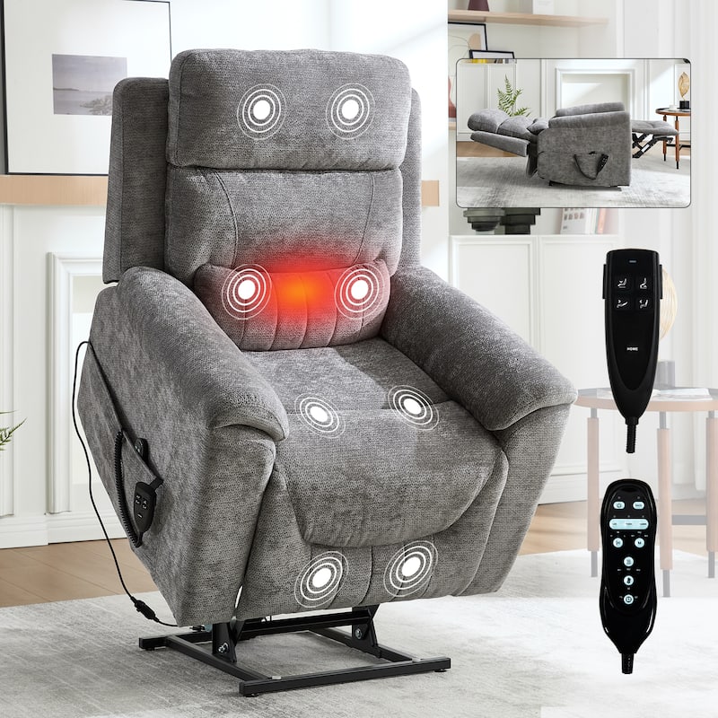 Dual Motor Power Lift Recliner Chair with Massage & Heating, Heavy Duty Electric Recliners with Cup Holders & Side Pockets - Grey