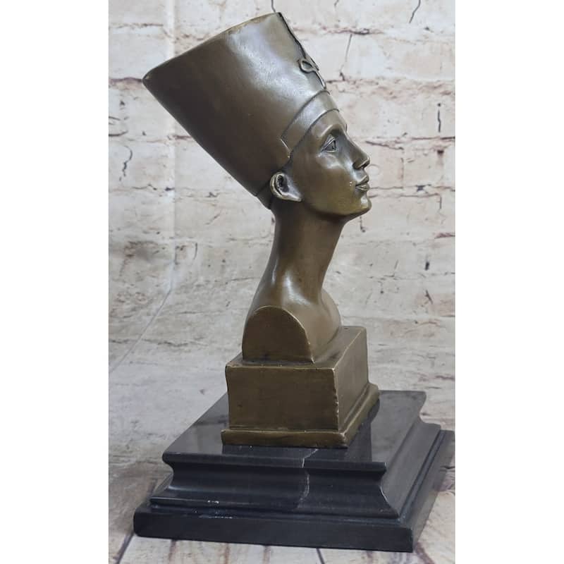 Egyptian Queen Nefertiti Bronze Bust Statue Sculpture Figure On Marble Base 10 Inchesx 5 Inches