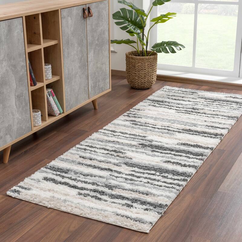 Hauteloom Lux Shag Collection Moroccan Farmhouse Shaggy High Plush Pile Area Rug - 2'7" x 7'3" - Cream, Beige, Grey