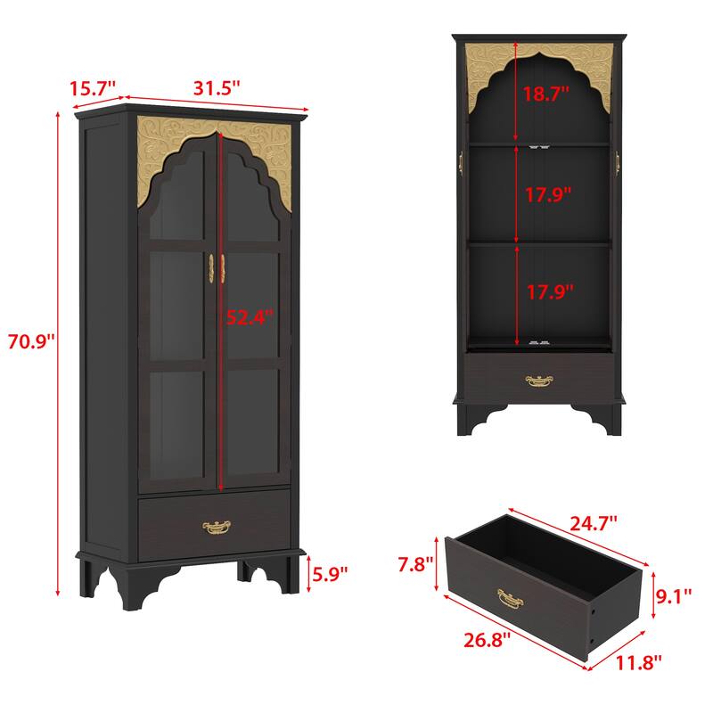 Oak Finish Fir Wood Wooden Curio Cabinet Display Storage Case Bathroom Cabinet Bookcase - 70.9"Hx31.5"W