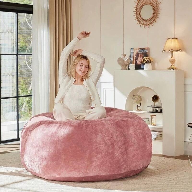 4FT bean bag chair, memory foam filling, adult and teen bean bag chair, soft sofa with removable flannel cover, round sofa - Light Pink