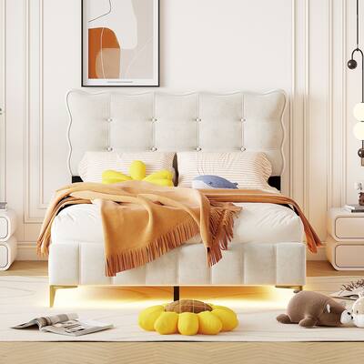 Full Size Velvet Platform Bed with LED Frame and Stylish Mental Bed Legs