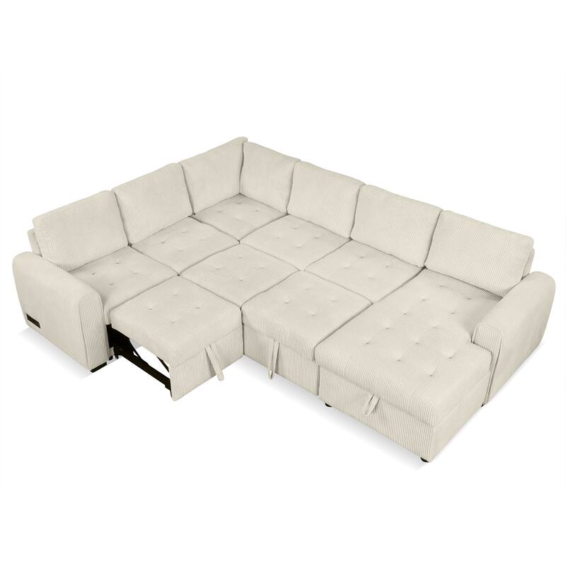 Convertible Sectional Sleeper Sofa with Pull Out Bed, Storage Chaise & Charging Devices, Oversized Corduroy U-Shaped Cloud Sofa
