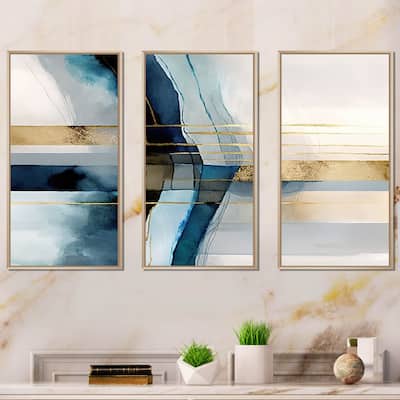 Designart "Abstract Transitional Modern Shapes V" Modern Shapes Transitional Framed Canvas Art Print - 3 Panels