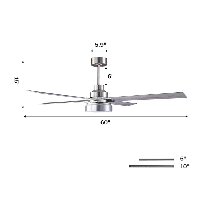 Vaczon 60" Modern Brushed Nickel Integrated LED Smart Ceiling Fan with Light and App