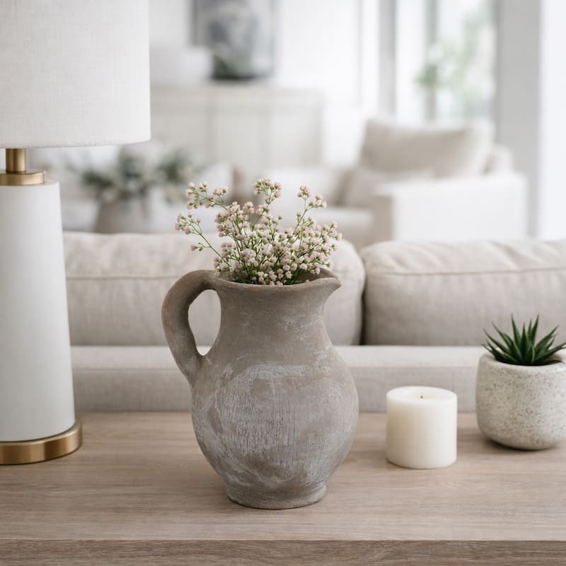 Rustic Pottery Table Jug Vase with Handles - 8" - Gray/ Ivory
