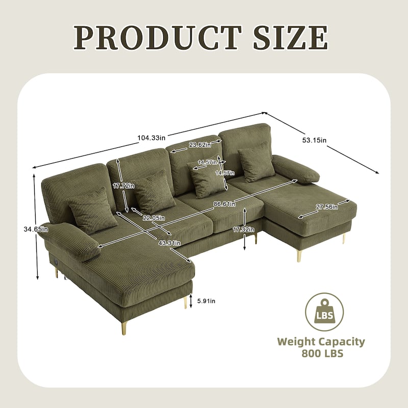 HOMEFUN Corduroy Upholstered U-shaped Adjustable Light Modular Sectional Sofa With Type-C and USB ports