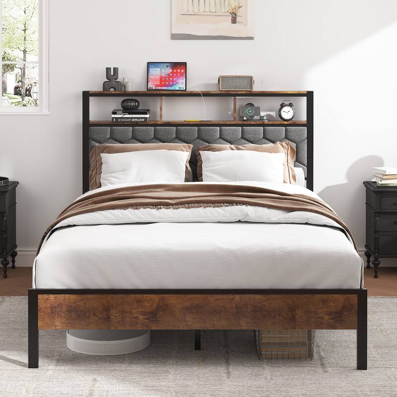 Roomfitters Wood Platform Bed Frame with Upholstered Headboard, Charging Station, No Box Spring Needed, Brown