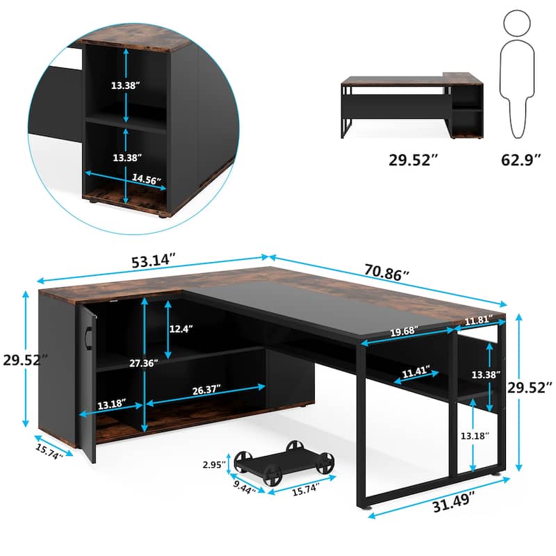 71 inch L Shaped Executive Desk with Cabinet, Corner Computer Desk (Rustic Brown)