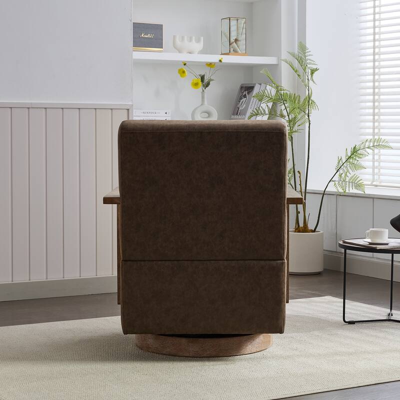 Swivel Accent Chair with Wood Armrests, Modern Faux Leather Arm Chair for Living Room, Comfy Club Reading Chairs for Bedroom