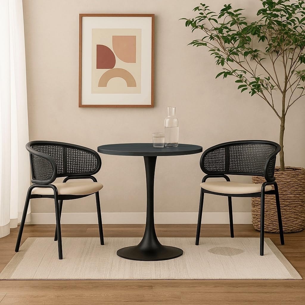Bristol 36 In Round Dining Table - Black Iron Pedestal Base - Modern MDF Wood Top Kitchen Breakfast Table Small Spaces