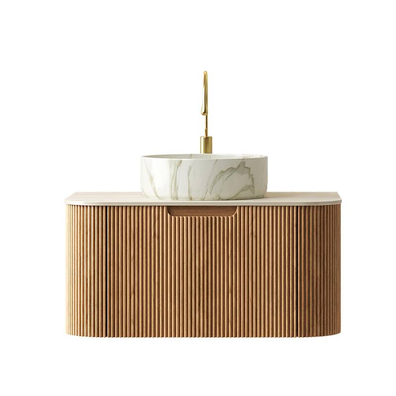 Floating Bathroom with Round Ceramic Basin and Storage Drawer