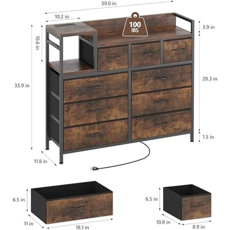 Bedroom Dresser with 9 Drawers Tv Stand with Charging Stand Modern Fabric Chest of Drawers