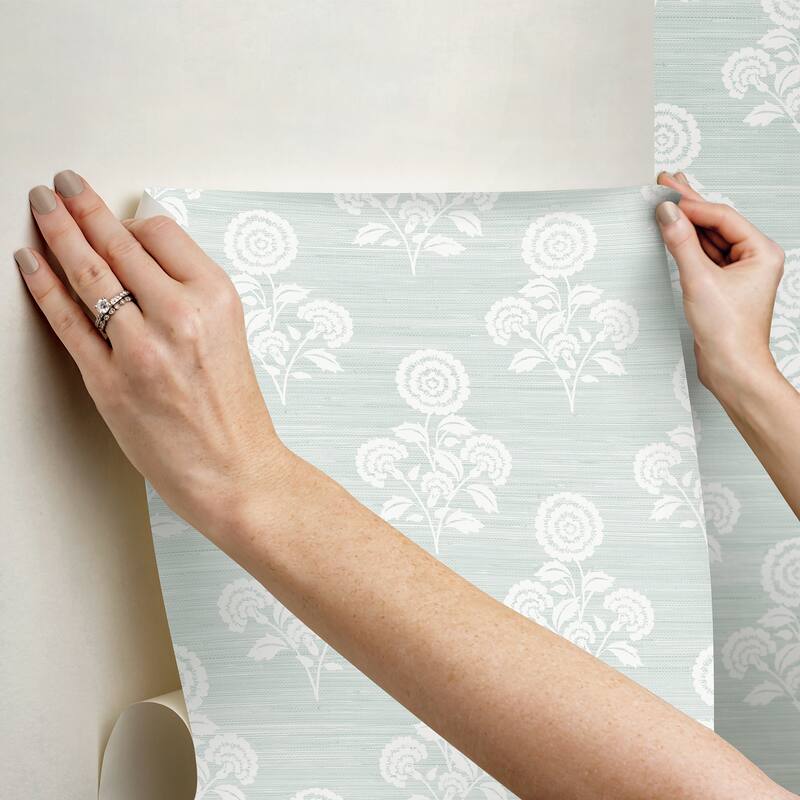 Society Social Flourish Block Print Whisper Blue Faux Grasscloth Peel and Stick Wallpaper