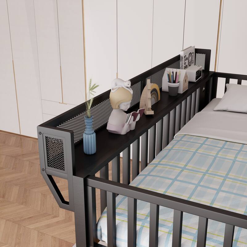 Full Size Metal Loft Bed with Charging Station and 4-Shelf Storage, Kids & Teens Loft Bed with Storage Stairs