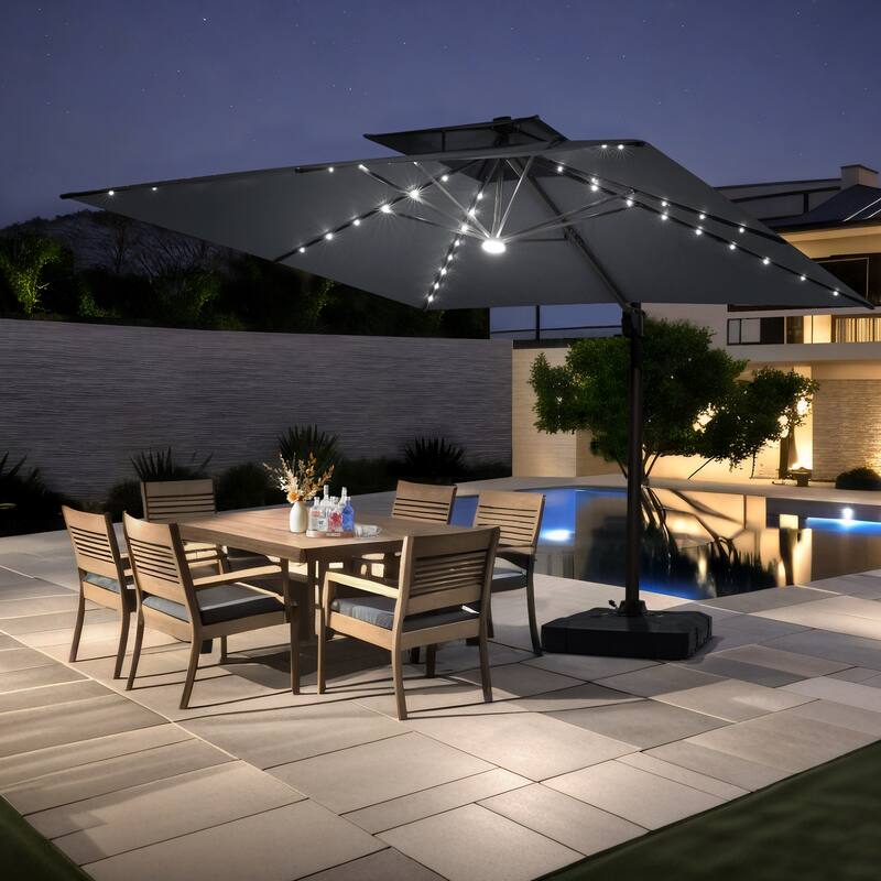 Pellebant 11X11 FT Outdoor Square Cantilever Patio Umbrella Solar LED Lighted with Wheel Base - DarkGrey