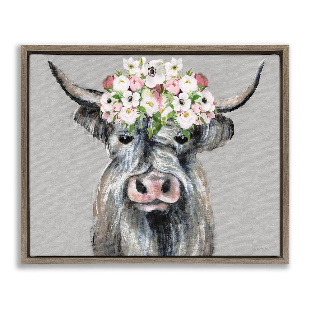 Stupell Shabby Chic Cattle with Garland Framed Floater Canvas Wall Art Design By Janet Tava