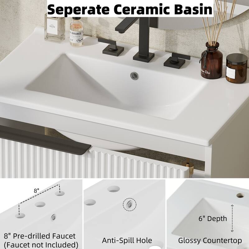 30" Bathroom Vanity with Ceramic Sink, Full-Extension Drawers, Soft Close Slides, and Fluted Design