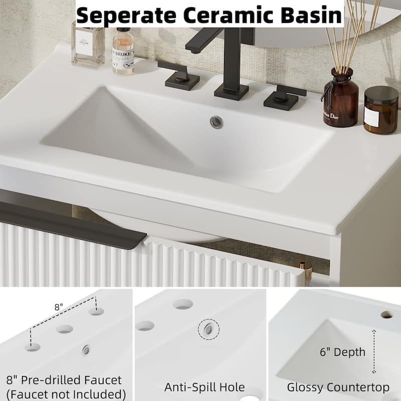 Roomfitters 30" Bathroom Vanity with Ceramic Sink, Full-Extension Soft-Close storage units and Fluted Design
