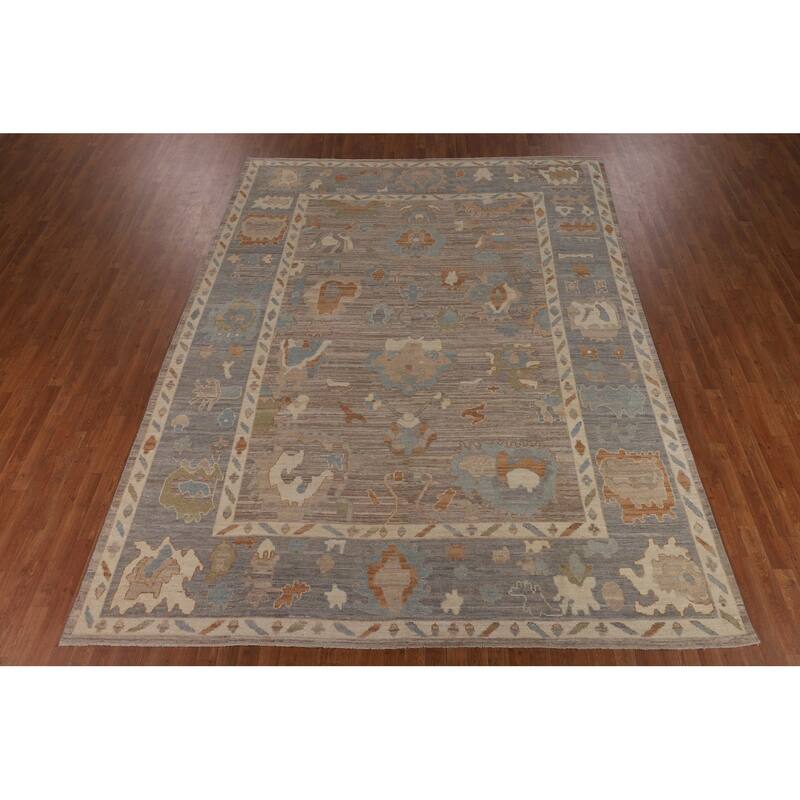 Beige Oushak Vegetable Dye Area Rug Hand-Knotted Wool Carpet - 9'1"x 12'0"