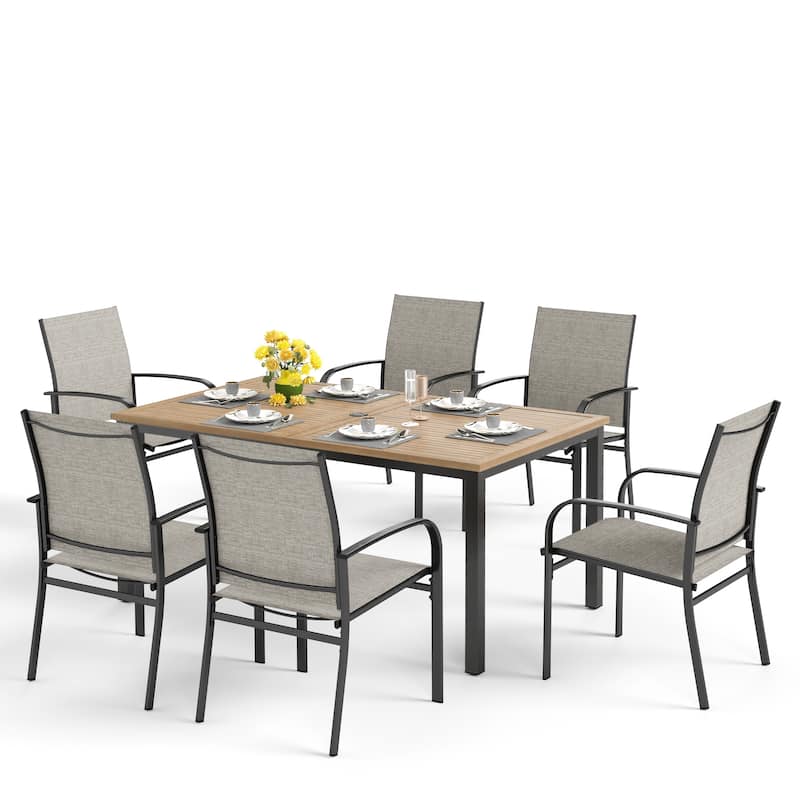 MAISON ARTS Outdoor Patio Dining Set 7 Piece Furniture Set with 6 Textilene Chairs and Metal Rectangular Brown Dining Table