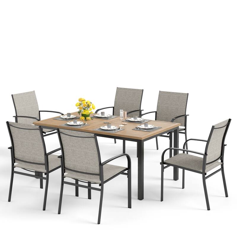 MAISON ARTS Outdoor Patio Dining Set 7 Piece Furniture Set with 6 Textilene Chairs and Metal Rectangular Brown Dining Table - Brown