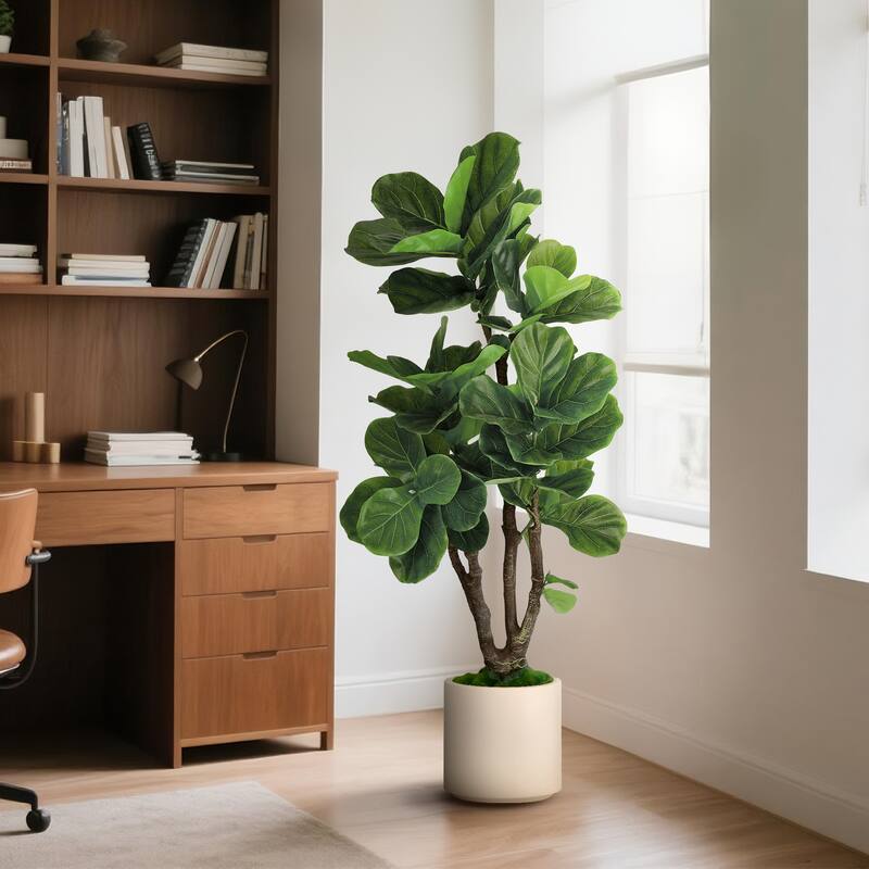 Artificial Fiddle Leaf Fig Tree in White Decor Pot, Faux Green Plant