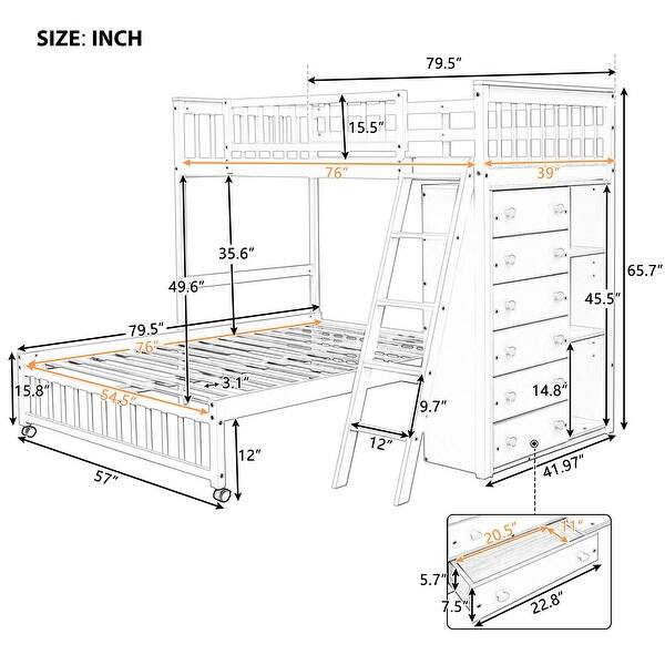 Wooden Twin Over Full Bunk Bed With Six Drawers And Flexible Shelves,Bottom Bed With Wheels