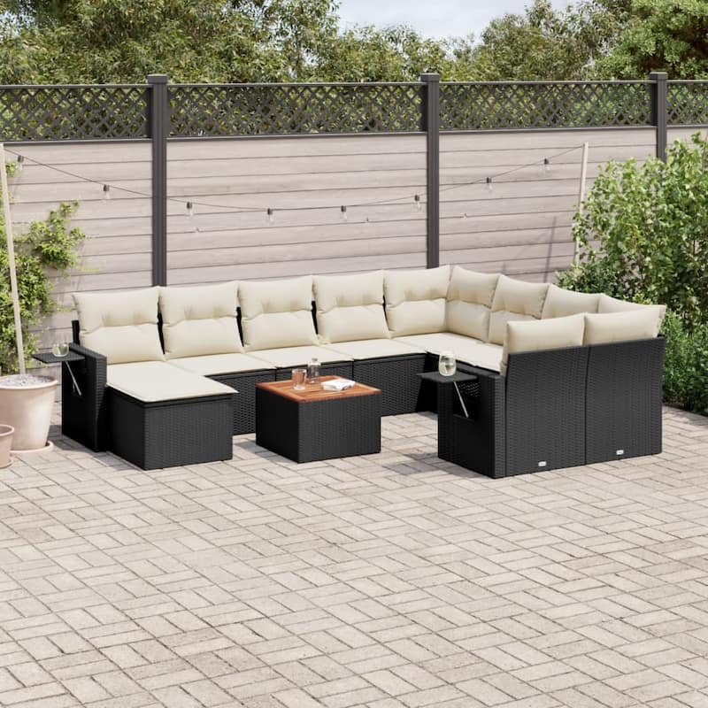 vidaXL Garden Sofa Set 11 Piece with Cushions Outdoor Sofa Set Poly Rattan - Black and Cream - 21.7 x 21.7 x 14.6 in (W x L x H)