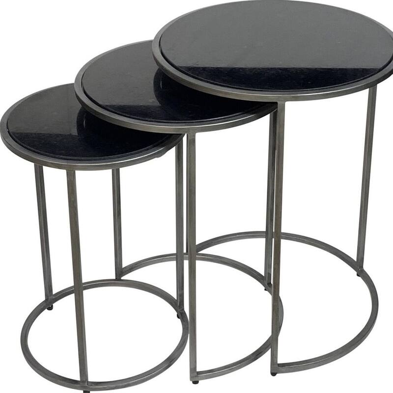 HomeRoots Set of Three Black and Gray Marble and Iron Round Frame Nested Tables - 17.5 in. x 22 in. x 17.5 in.