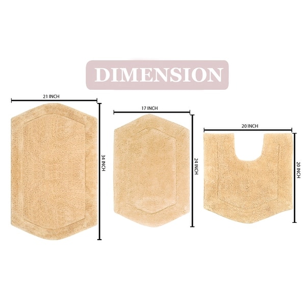 dimension image slide 12 of 19, Waterford Collection 100% Cotton Non-Slip Bathroom Rug Set, 3 Piece Machine Washable- Bathroom Rug, Bath Rug, U Shaped Contour