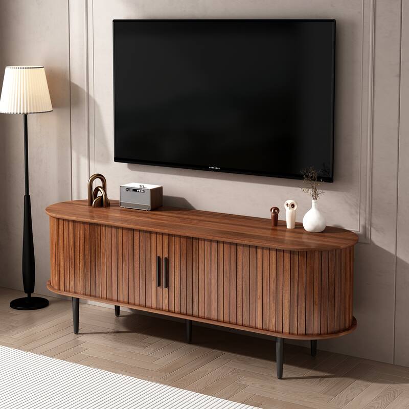 Modern TV Stand with Sliding Door, Wood Media Console Table with Fluted Design, Entertainment Center with Storage Cabinet