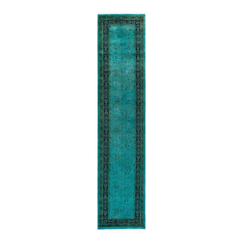 Overton Hand Knotted Wool Vintage Inspired Modern Contemporary Overdyed Blue Runner Rug - 2' 7" x 12' 4"