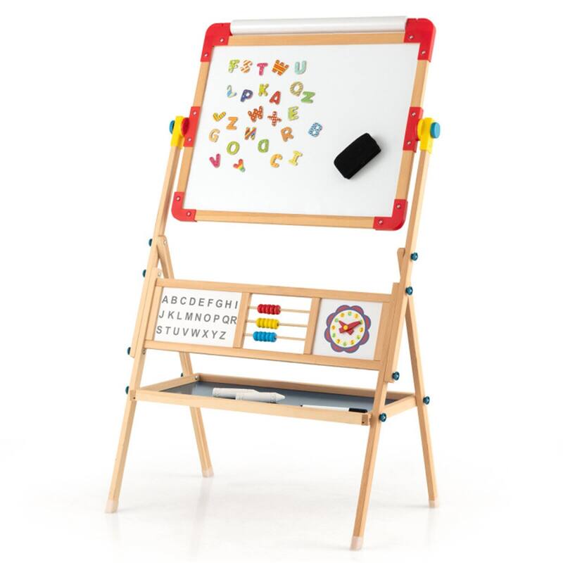3-in-1 Kids Wooden Art Easel with Rotatable Blackboard Whiteboard Paper Roll Abacus - 24" x 18" x 46" (L x W x H)