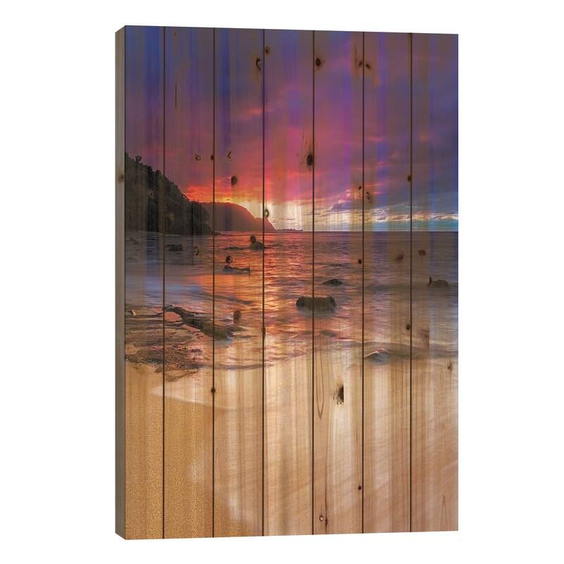 Sunset over the Na Pali Coast from Hideaways Beach, Princeville, Kauai, Hawaii, USA Print On Wood by Russ Bishop - Multi-Color - 26x18x1.5