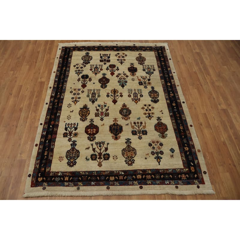 Hand Knotted Oriental 100% Wool Carpet Traditional Tribal Beige & Ivories Gabbeh (Qashqai) Area Rug - 6' 7'' X 4' 10''
