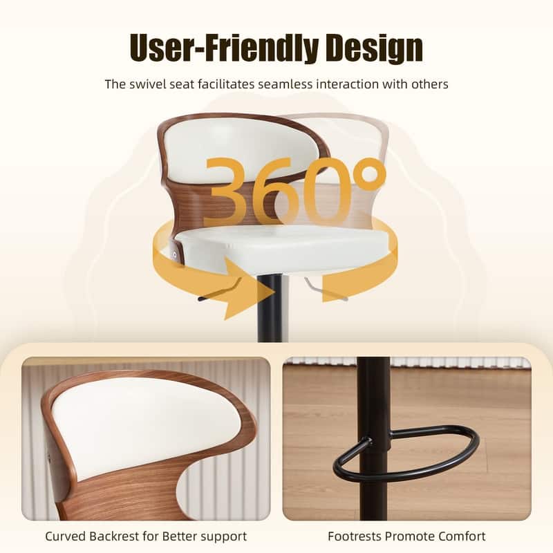 PU Leather Upholstered Curved Backrest 360° Swivel Adjustable Height Bar Stools with Footrest(set of 2)