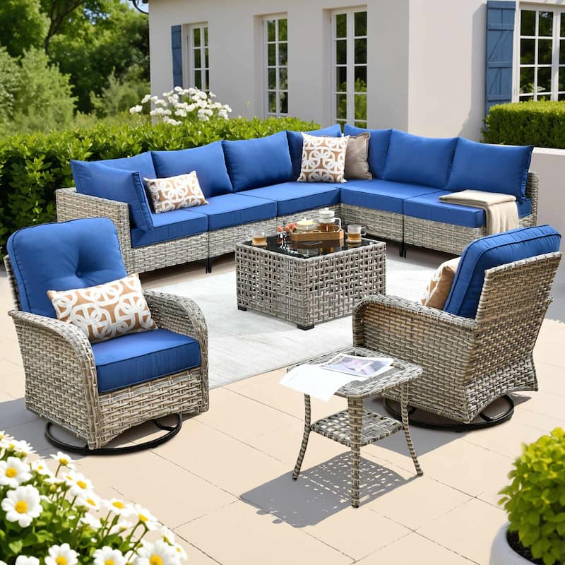 OVIOS 10 Pieces Outdoor Wicker Swivel Chair Set With Solar-Powered Coffee Table