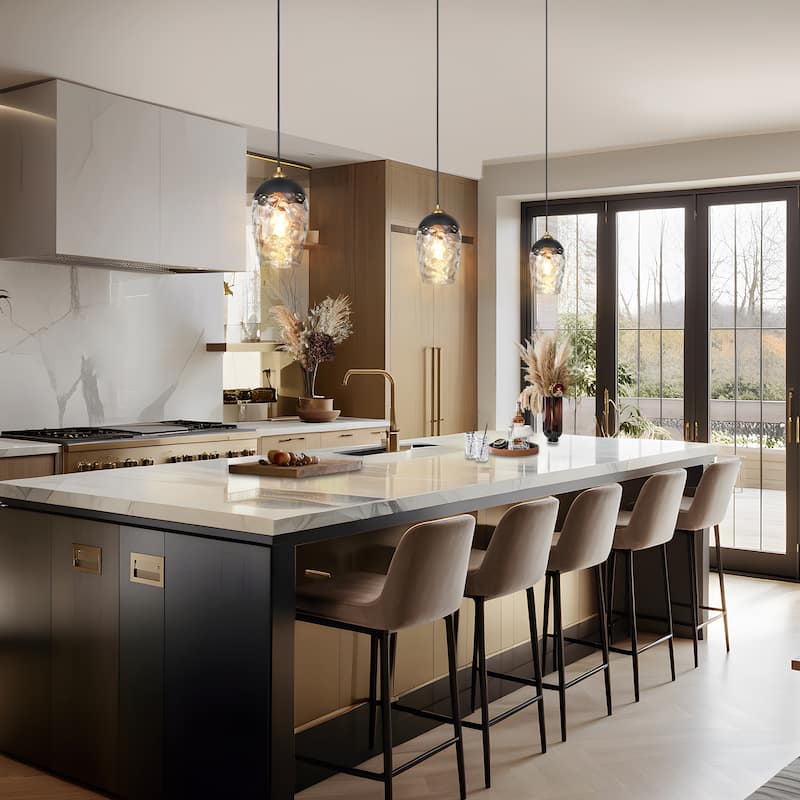 Modern Contemporary Black Gold Hammered Glass Kitchen Island Pendant Light for Dining Room